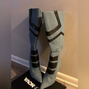 Stylish Denim and Black Knee-High Boots